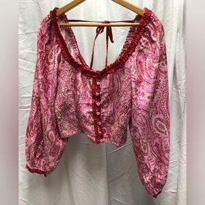 Free People “Dare Me” Pink and Red Paisley Velvet Blouse